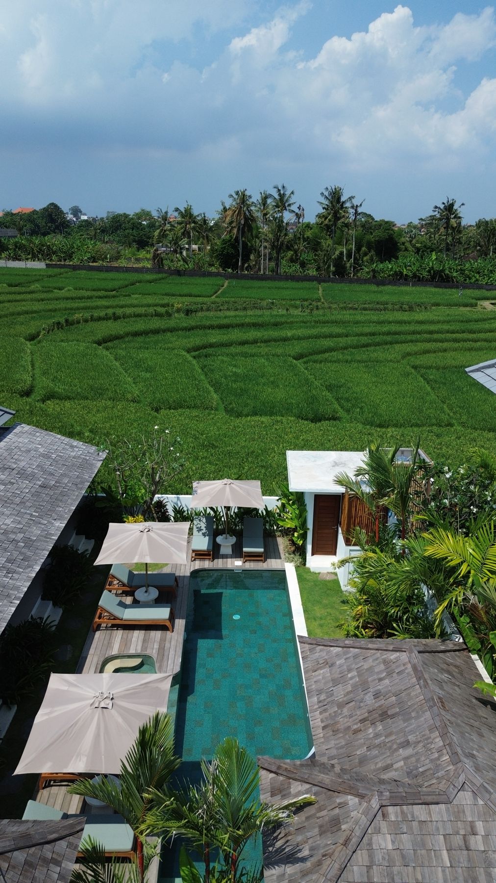 Aerial view of Villa Yuga and the rice fields